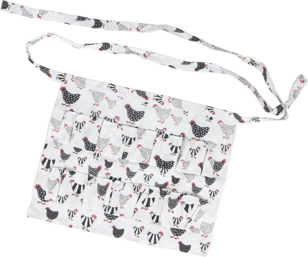 A white apron with a chicken pattern and multiple pockets for collecting eggs.