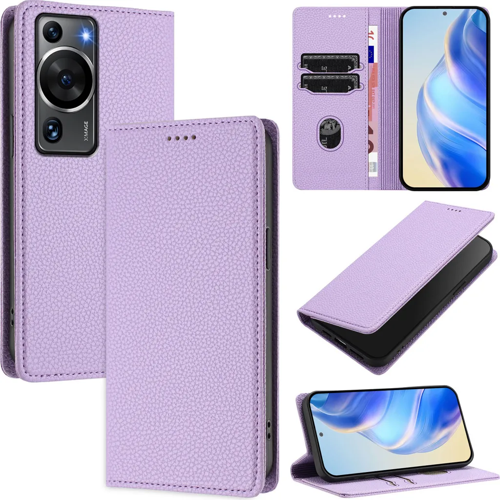 Custodia Sottile Huawei P60 Viola Pelle Litschi Portafoglio