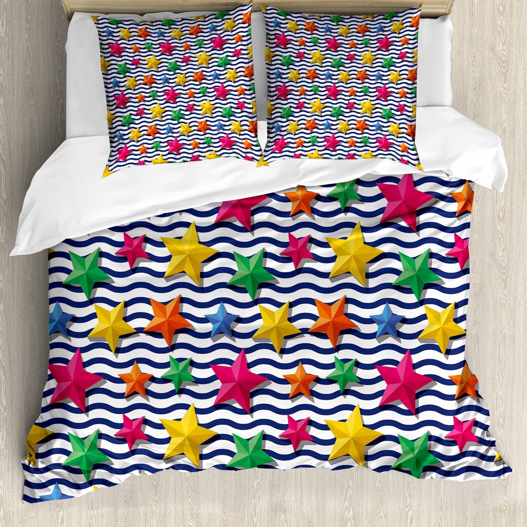 ABAKUHAUS Nautisch Bettbezug, 3D Sterne gewellte Streifen, Milbensicher Allergiker geeignet mit Kissenbezügen, 200 cm x 200 cm - 80 x 80 cm, Mehrf...