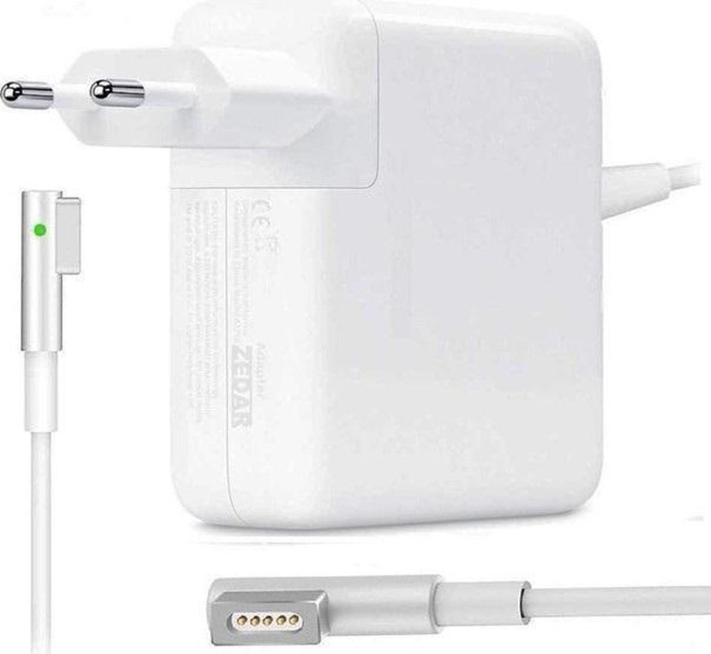 A white MacBook Pro charger and its cable are displayed against a white background.