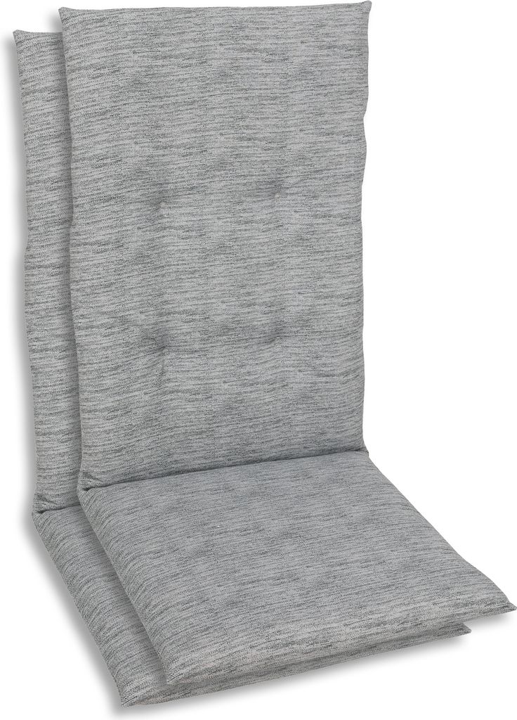 Two gray chair cushions are stacked on top of each other, with the top cushion slightly angled.