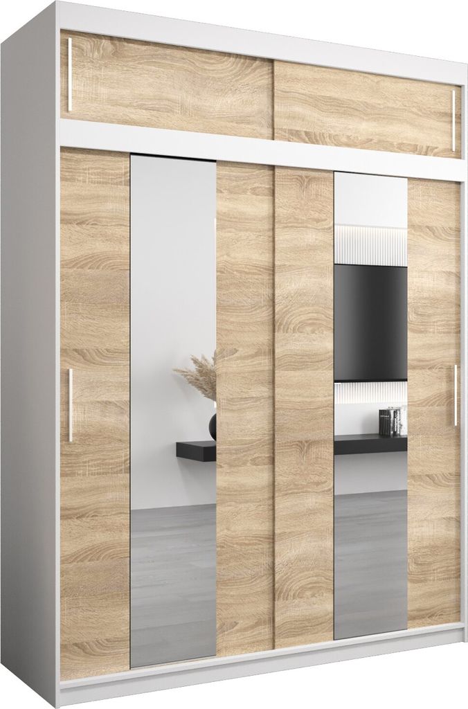Kleiderschrank, Schiebetürenschrank Schlafzimmer, Schrank mit Spiegel POLE 180 mit Aufsatz, Höhe 240 cm
