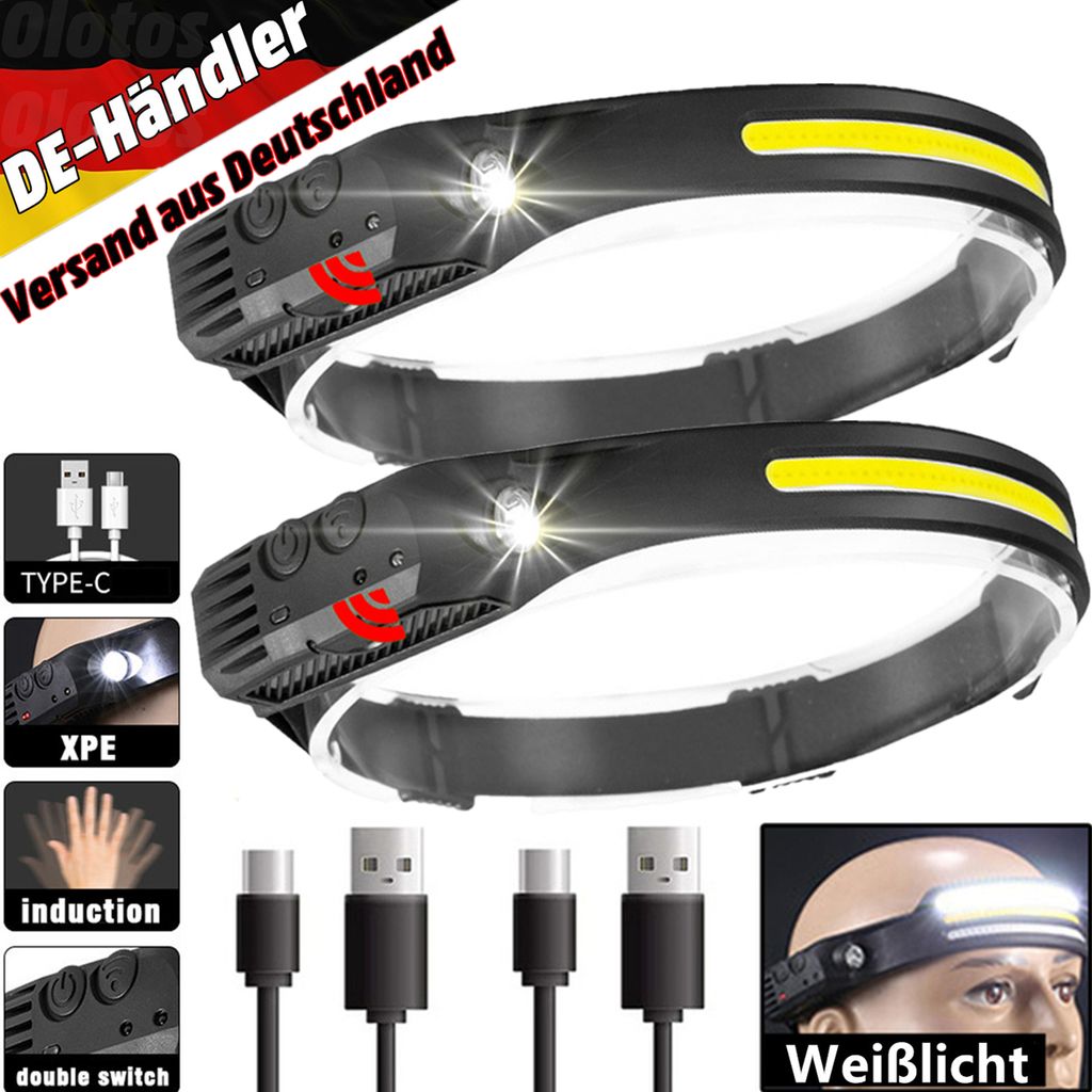 2*LED Stirnlampe, Sensorscheinwerfer USB wiederaufladbar Produktbild 