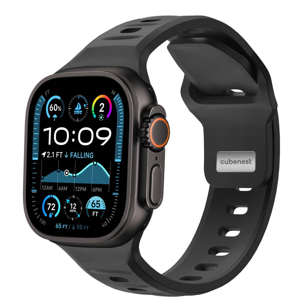 Cubenest Premium Sportarmband für - Apple Watch 1, 2, 3, 4, 5, 6, 7, 8, 9, 10, SE, Ultra (2) - 44/45/46/49 mm - Schwarz