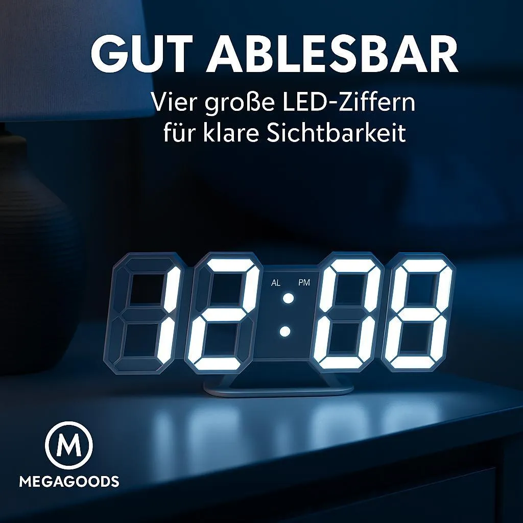 Horloge digitale murale LED 3D à intensité variable et mode nuit noir - 2
