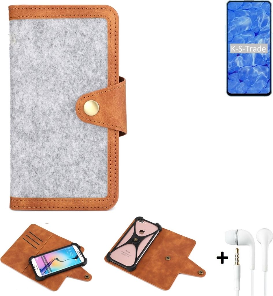 K-S-Trade Handyhülle + Kopfhörer kompatibel mit Oppo Reno6 5G Schutzhülle Filz Hülle Kunstleder hellgrau braun (1x)
