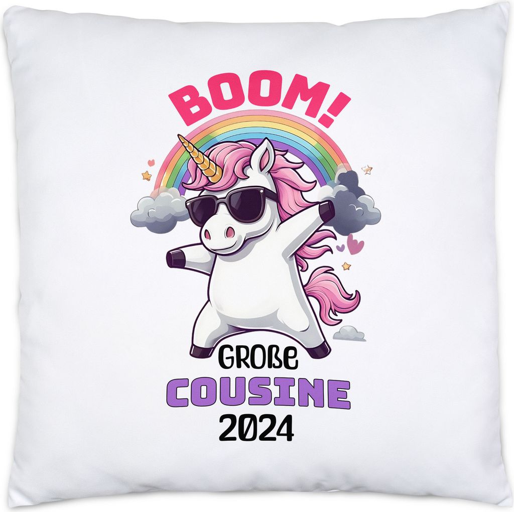 Boom Große Cousine 2024 Kissen Geschenk Einhorn Familienfreude Babyparty Überraschung Cousine