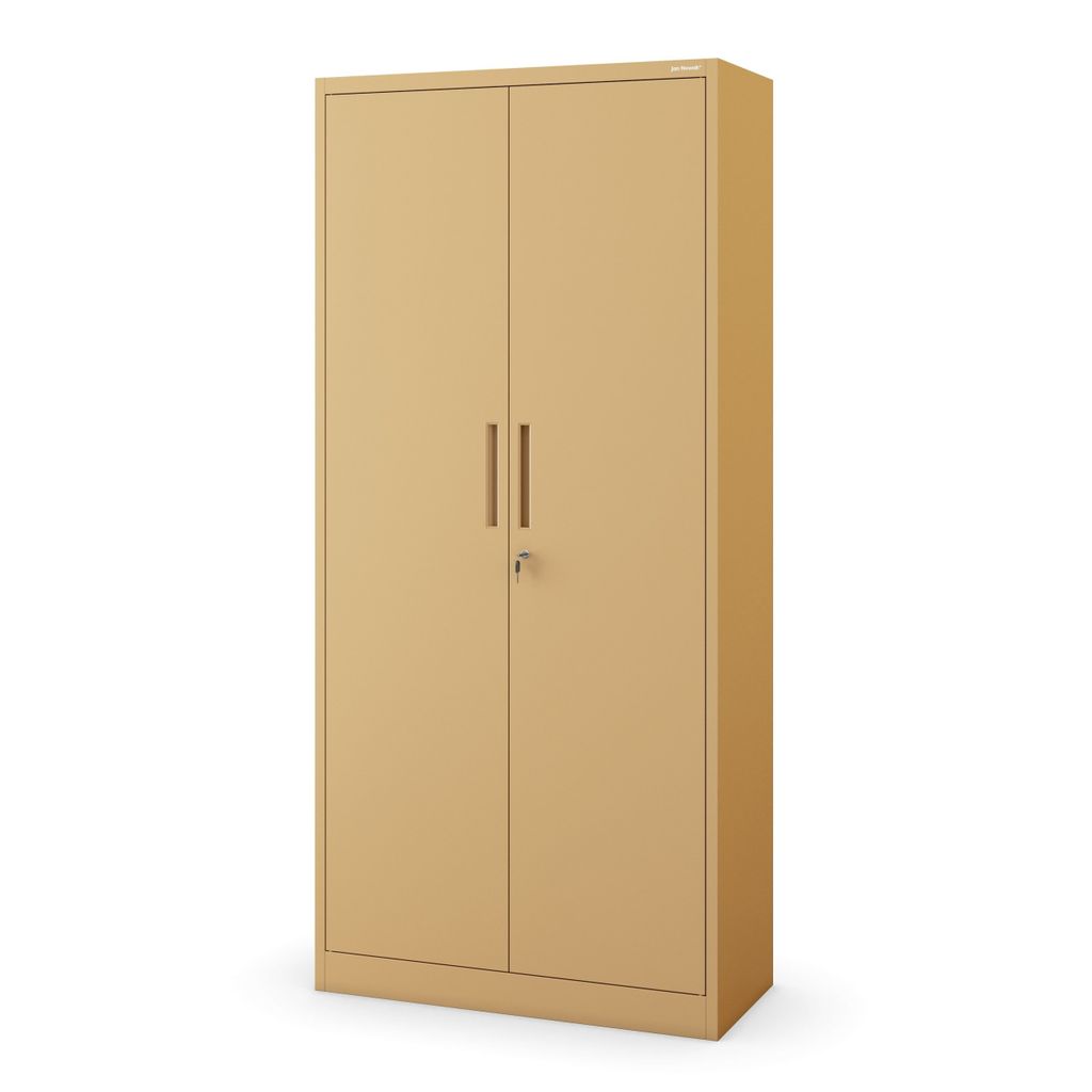 A tall, beige metal cabinet with two doors and two handles is shown against a white background.