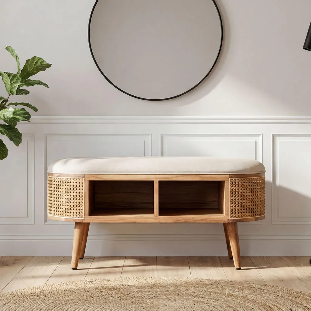 Banc rembourré FineBuy 90 cm en osier de Vienne pour dressing et salon