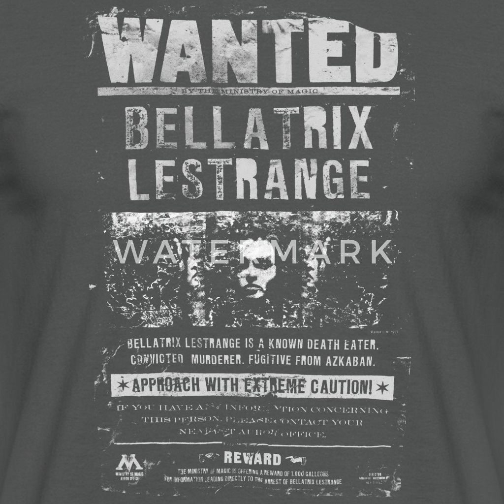 Spreadshirt Harry Potter Bellatrix Lestrange Wanted Poster Männer T-Shirt, S, Anthrazit