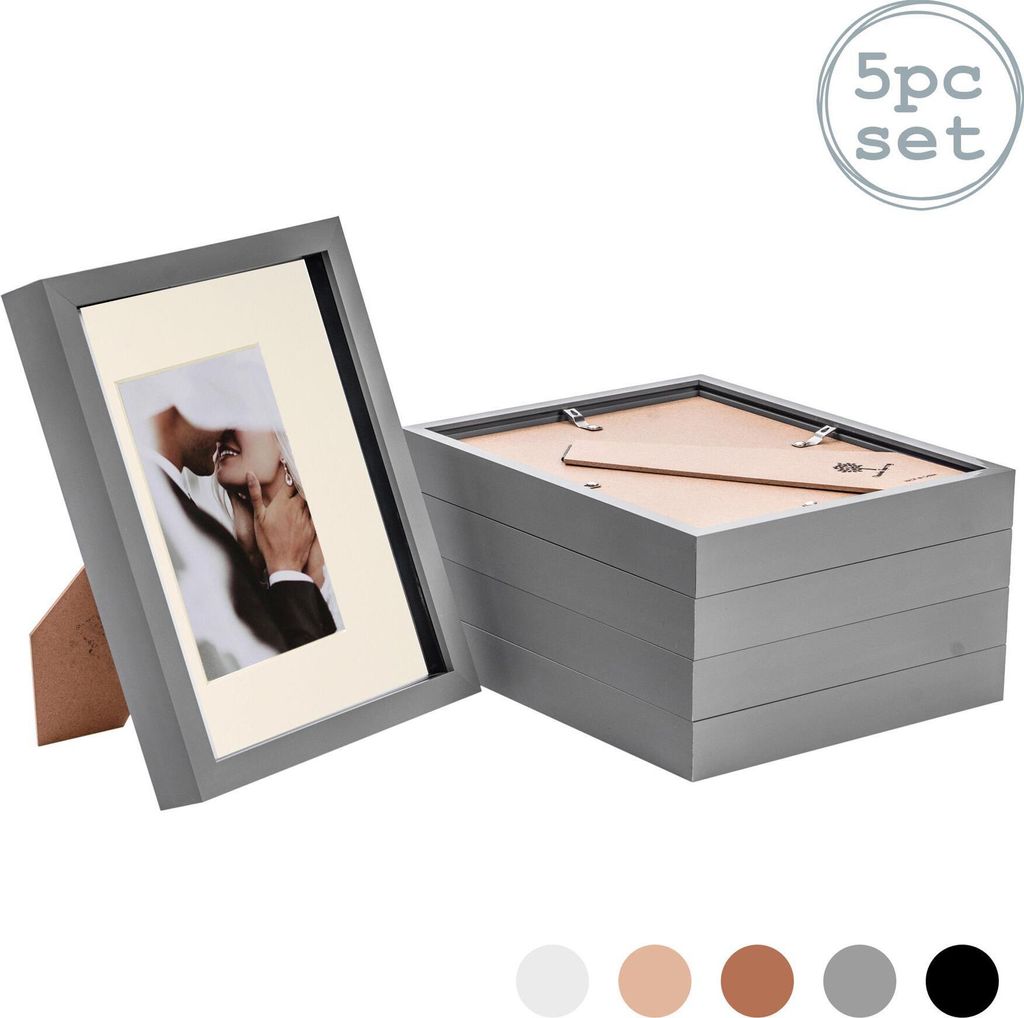 Nicola Spring Stück 5 8 x 10 3D-Schatten-Kasten-Foto-Rahmen-Set - Craft Anzeigen Bilderrahmen mit 4 x 6 Montage - Glas Aperture - Grau / Elfenbein
