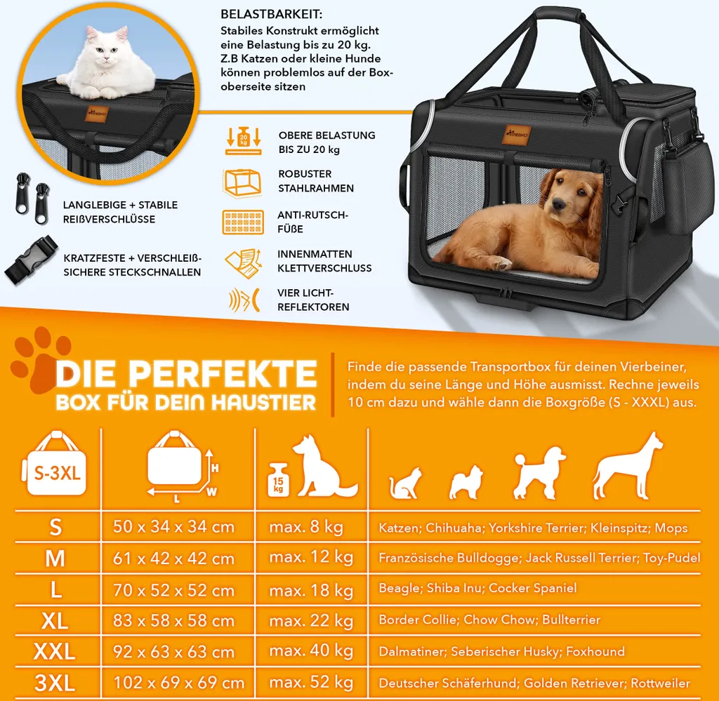 TRESKO® cassa per cani pieghevole nera (XXL 92x63x63cm) incl. tappetino per leccare, spatola e catarifrangenti | box di trasporto per cani e gatti | box di trasporto per cani di piccola e grande taglia | robusta borsa per cani - 4