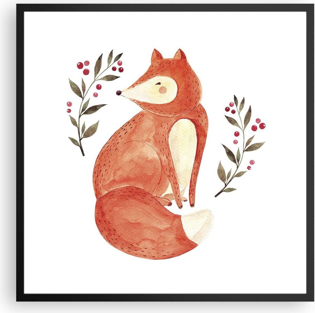 Gerahmtes Poster - Schwarzer Rahmen - Nov Illustration Fuchs - 60x60 cm - Wand Bild - Wanddeko - Wandbilder - Kunstposter - Wandposter - Bilderrahm...