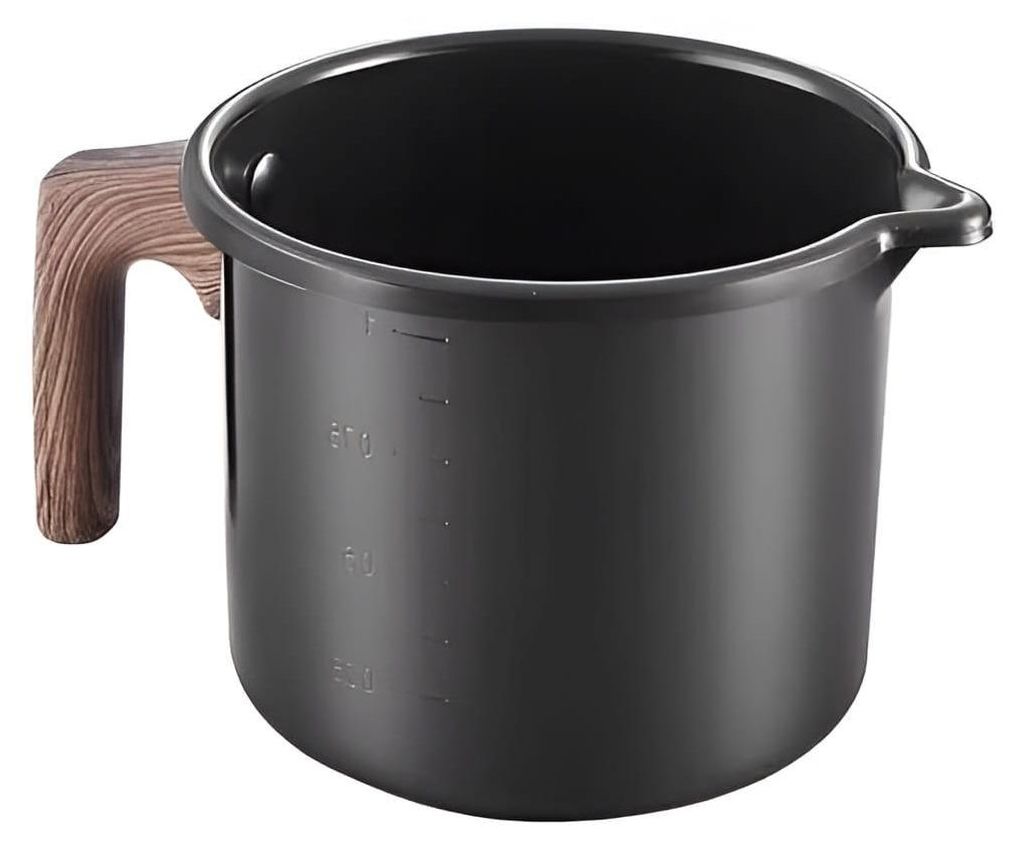 A black pot with a wooden handle and measurement markings on the side, isolated on a white background.