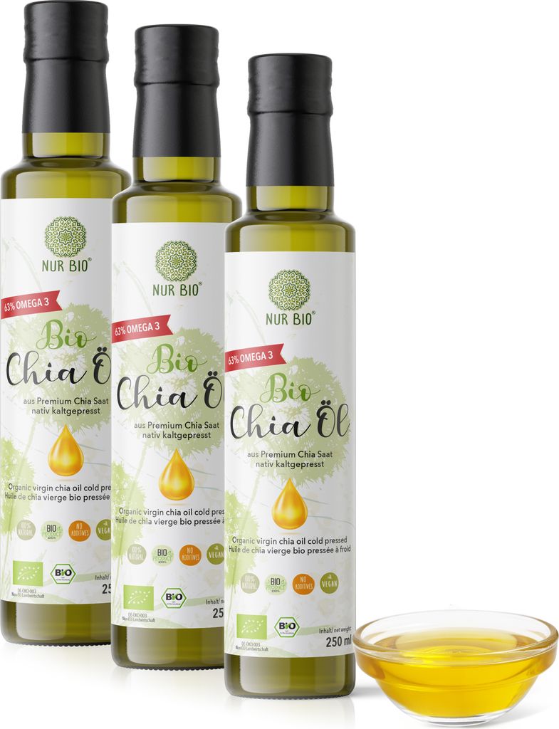 NurBio Bio Chia Öl 3 x 250 ml - nativ kaltgepresstes Chiaöl, nussig mildes Pflanzenöl, Omega-3-Fettsäuren 63%, Sparpack