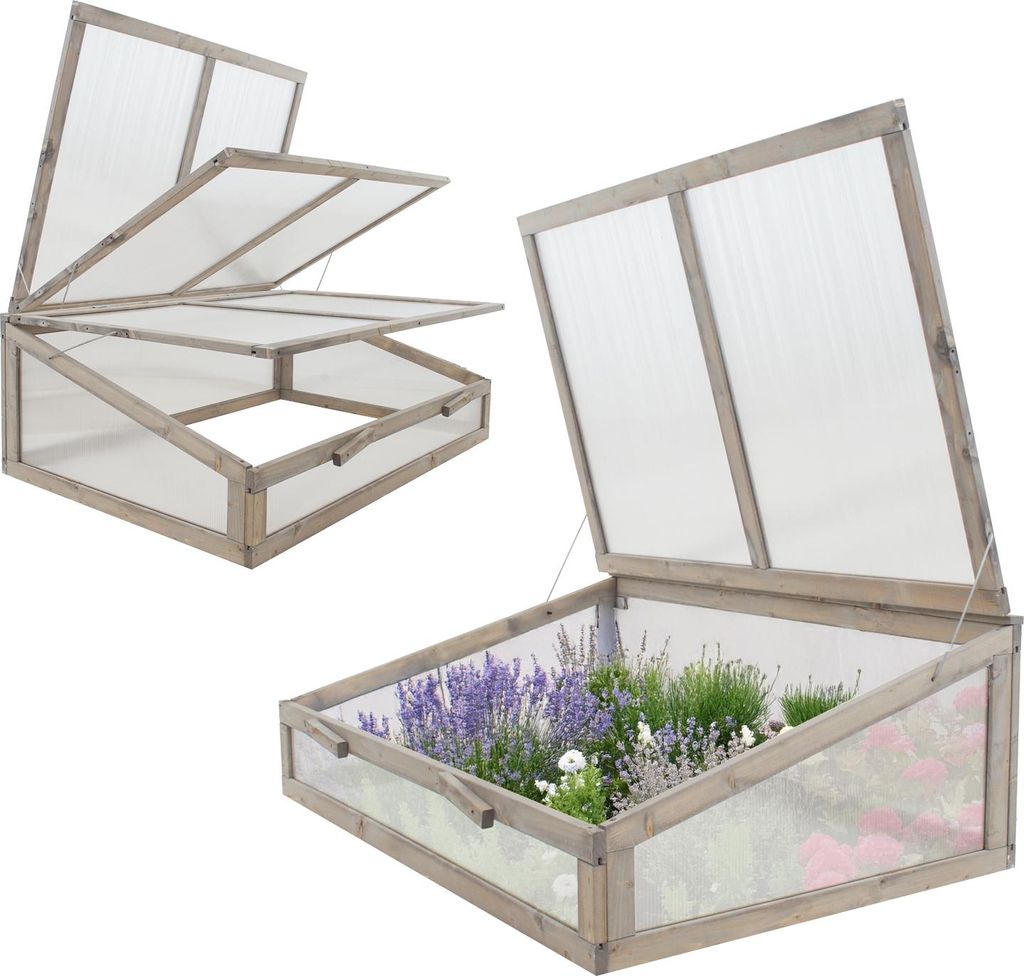 Two wooden cold frames, one open with multiple lids and the other filled with plants.