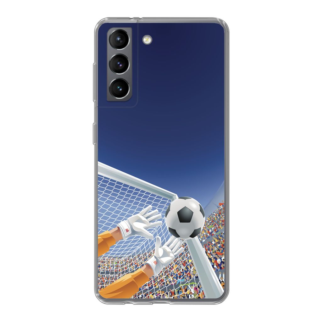 MuchoWow Handyhülle Schutzhülle Hülle für Samsung Galaxy S21 Eine Illustration eines Torwarts, der den Fußball stoppt - Junge - Mädchen - K...