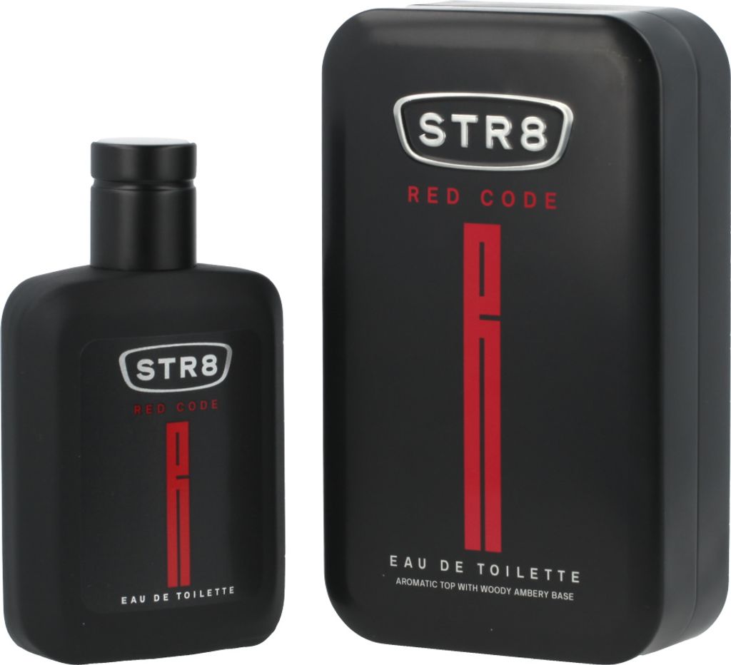 A black bottle of STR8 Red Code Eau De Toilette and its matching black tin packaging are displayed against a white background.
