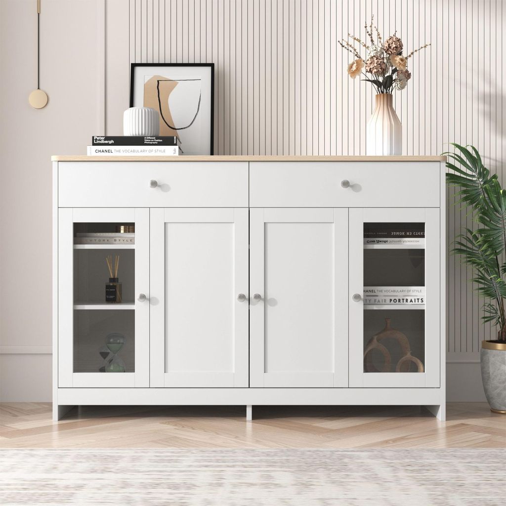KLAM HOME Kommode Schließfach Schrank Sideboard Highboard 4 Türen mit 2 Schubladen 120*80*37 cm für Schlafzimmer Flur Weiß