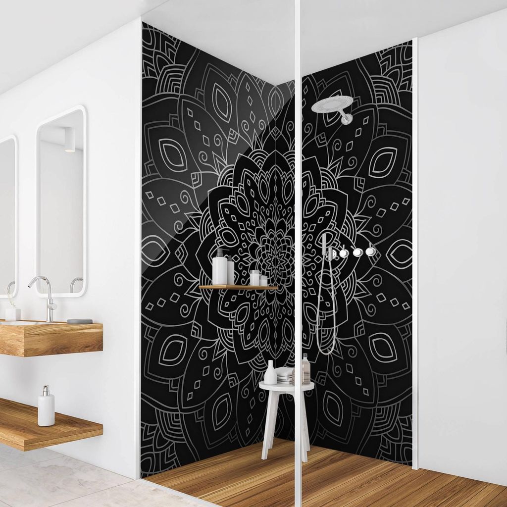 Duschrückwand Spirituell selbstklebend - 0.35 mm Wandpaneel wasserfest Ornament silber Orientalisch Badrückwand fugenlos Smart matt 80x210 cm