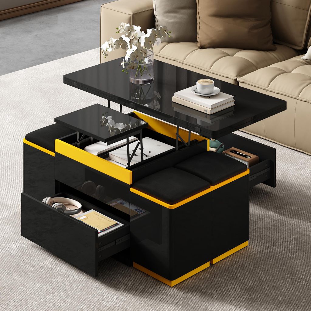 A modern coffee table with integrated storage and stools, shown in a living room setting.