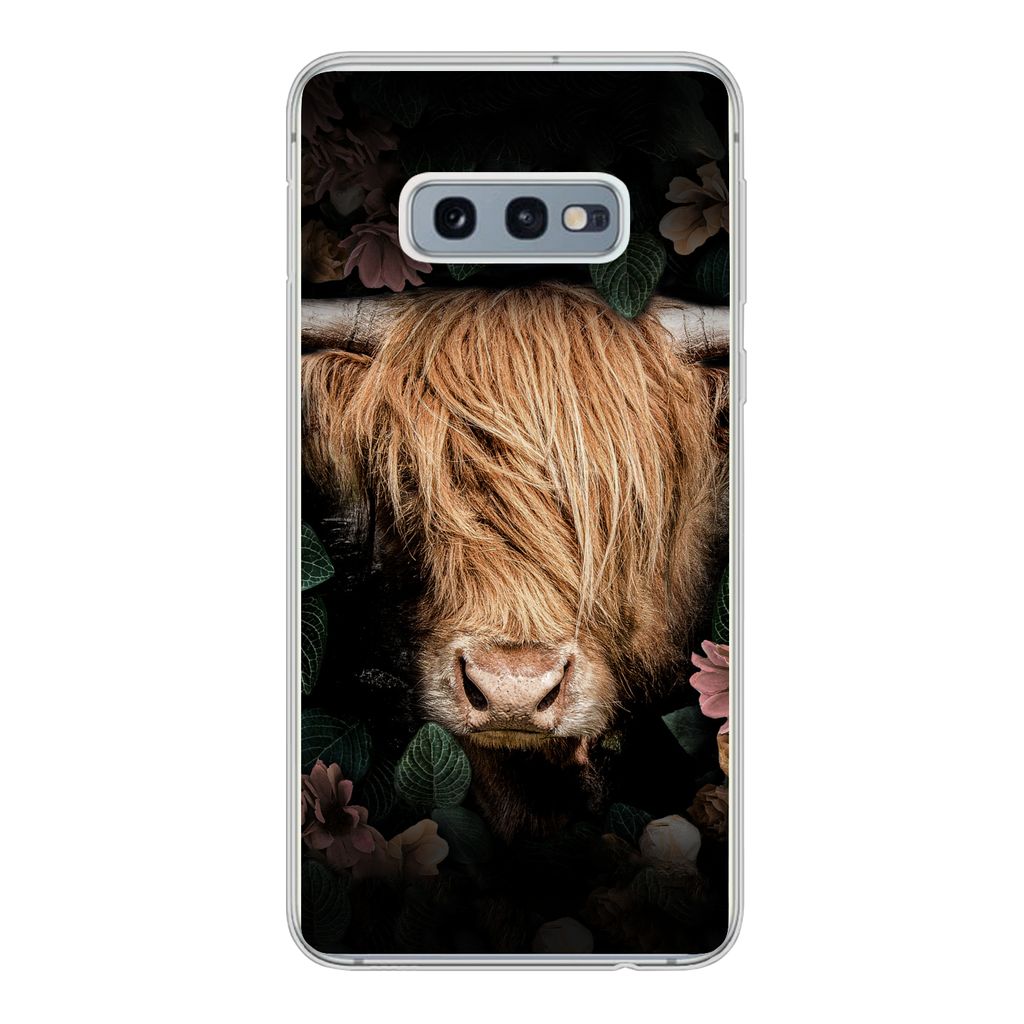 MuchoWow Handyhülle Schutzhülle Hülle für Samsung Galaxy S10e Schottischer Highlander - Kuh - Blätter Silikon Softcase Handy Hülle - Handy