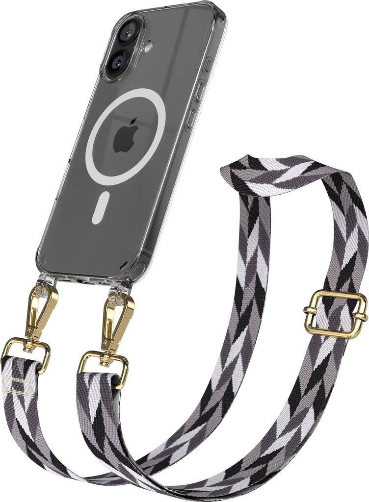 EAZY CASE - Handykette mit MagSafe Hülle für Apple iPhone 16, Handyband Mix Style, Karabiner Gold, Umhängeband in Schwarz