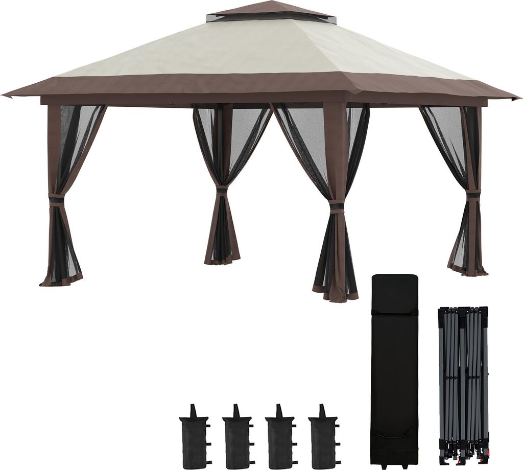 Faltpavillon Pop-Up, Partyzelt höhenverstellbar, 4 Netzwände Lüftungsdach, Beige | 392 x 392 x 283 cm | 3 Höhenstufen | Tragetasche mit Rollen