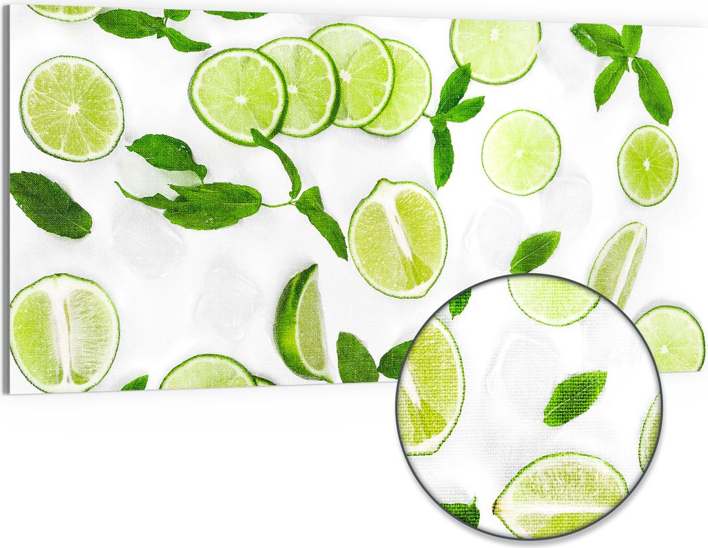 DEQORI Hybrid Leinwand Bild 100x50 cm 'Limettenfrische' Wandbild Glas flach modern