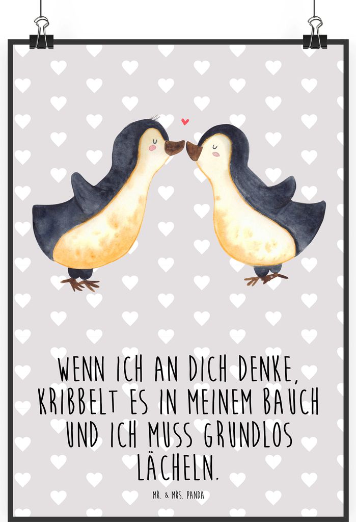Mr. & Mrs. Panda Bild Pinguine Kuss DIN A0 - Grau Pastell - Geschenk, für Frauen, Valentinstag, Wanddeko, Freund, Hochzeitstag, Wandbild, Freundin...