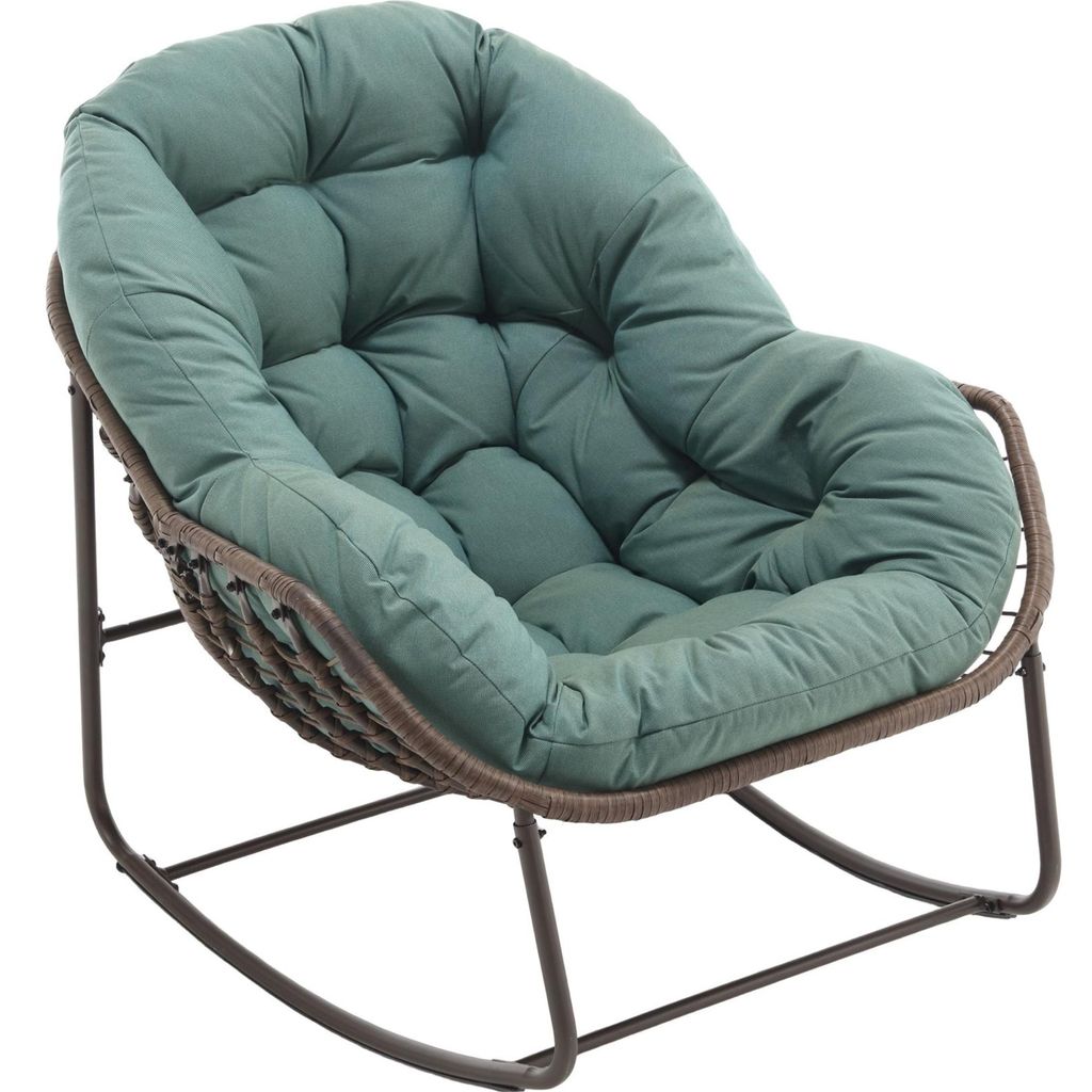 LVHOM Schaukelsessel Garten mit gepolstertem Kissen, Rattanstuhl mit Stahlrahmen, Schaukelstuhl Outdoor Loungesessel, Sessel für Balkon, Grün