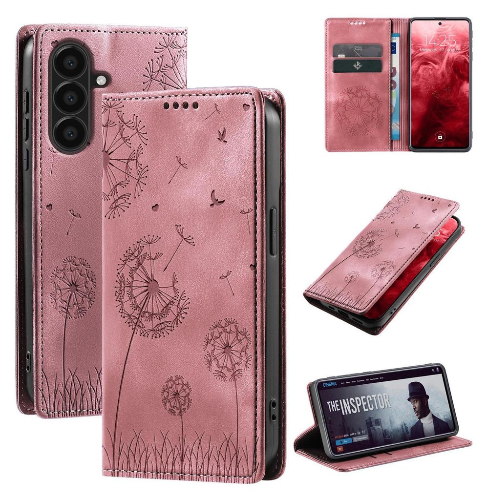 Handyhülle für Samsung Galaxy A56 5G RFID Schutz Klapphülle Case Cover Design Blume Pusteblume Schutzhülle Farbe: Rosa