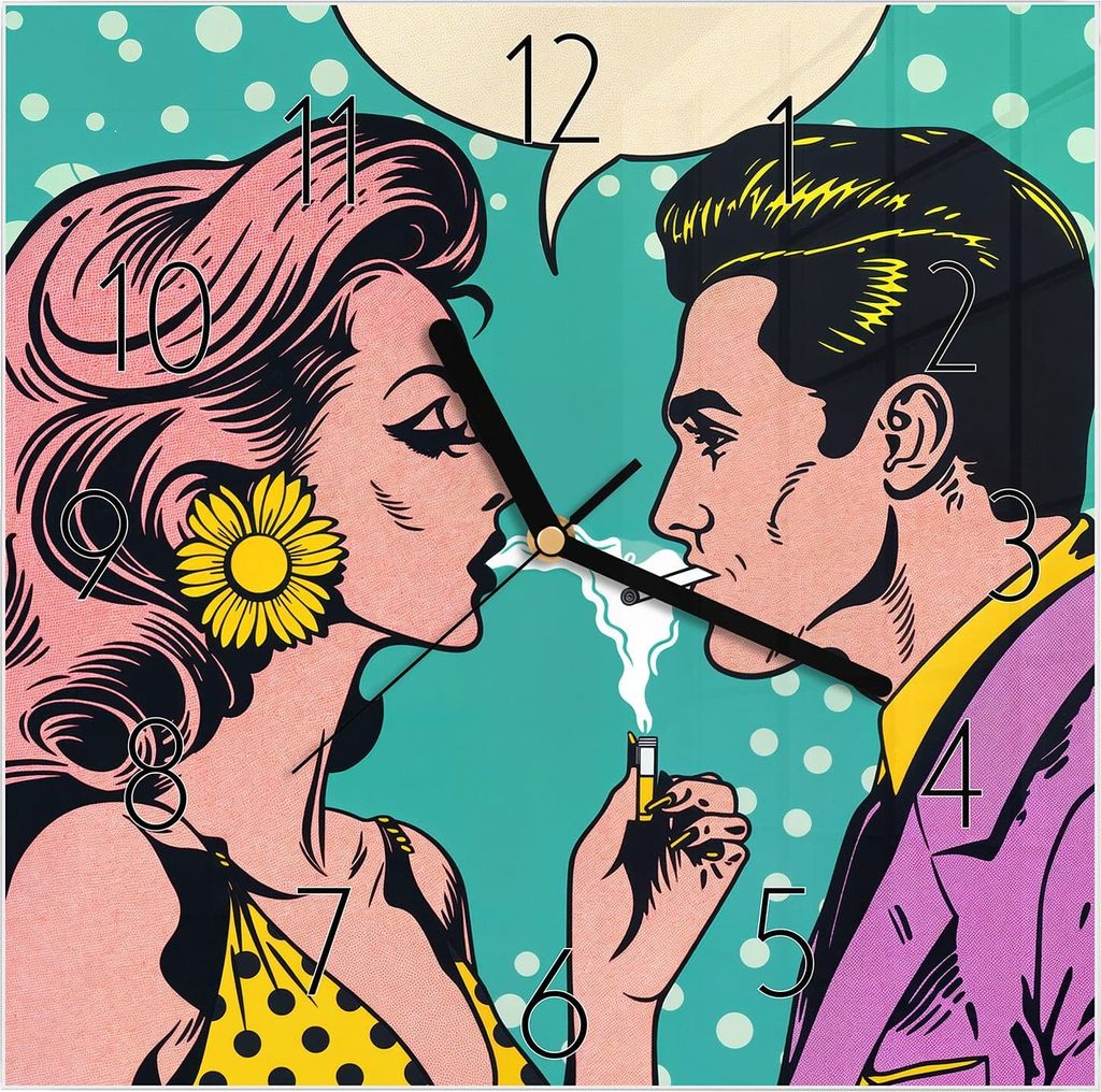 Wanduhr aus Glas mit Motiv Retro Pop Art Duo- 30 x 30 cm - inkl. Aufhängesystem