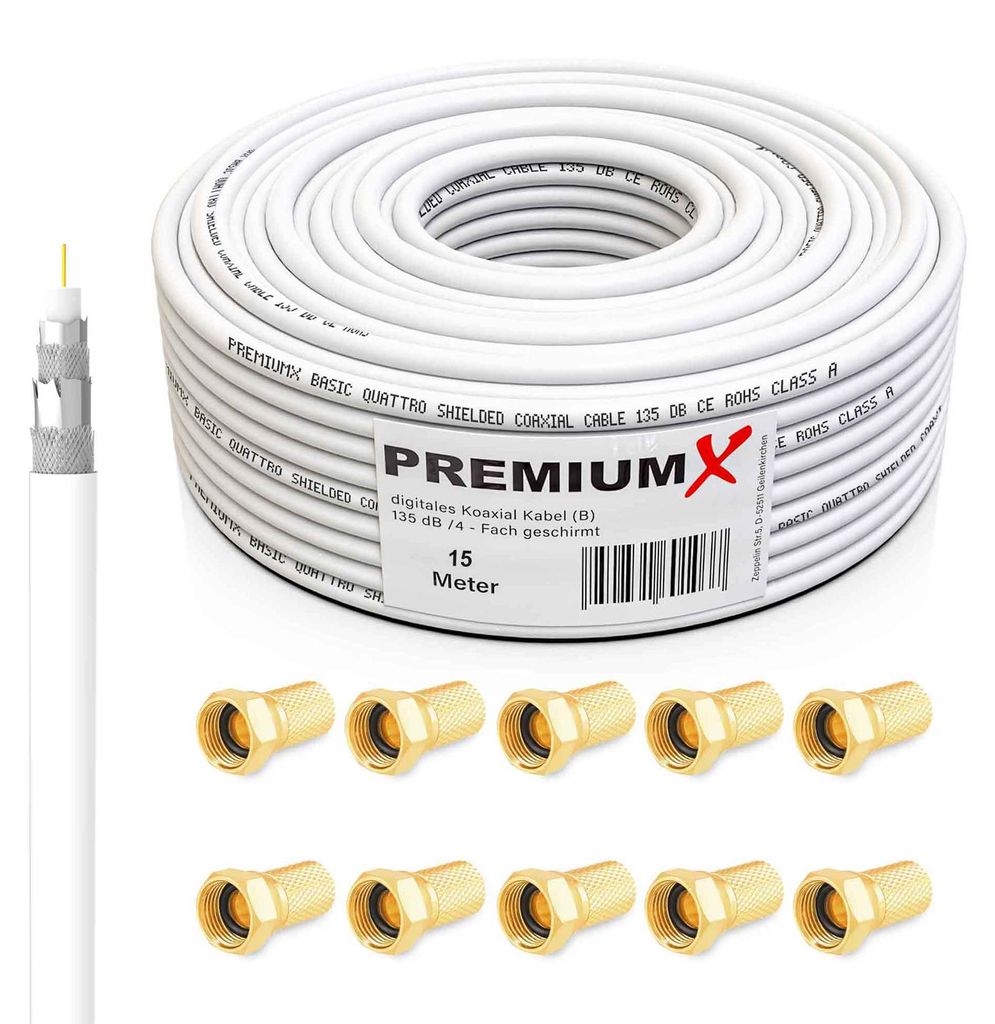 PremiumX 15m BASIC Koaxialkabel 135dB 4-fach SAT Koax Kabel Produktbild 