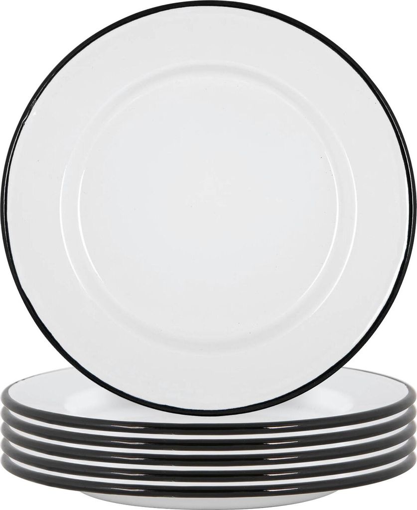 Argon Ta Weißes Emaille-Dinner Plates - Stahl Outdoor-Camping-Geschirr Geschirr - 25,5 cm - Schwarz - Packung mit 12
