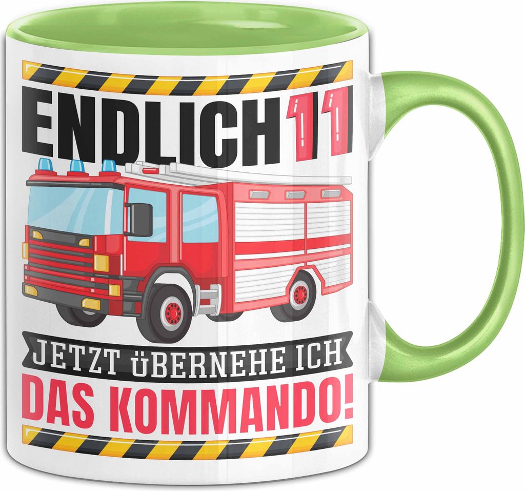 11. Geburtstag Geschenk Tasse Becher Feuerwehr Fan Jungs Jetzt Übernehme Ich Das Kommando Endlich 11 (Grün)