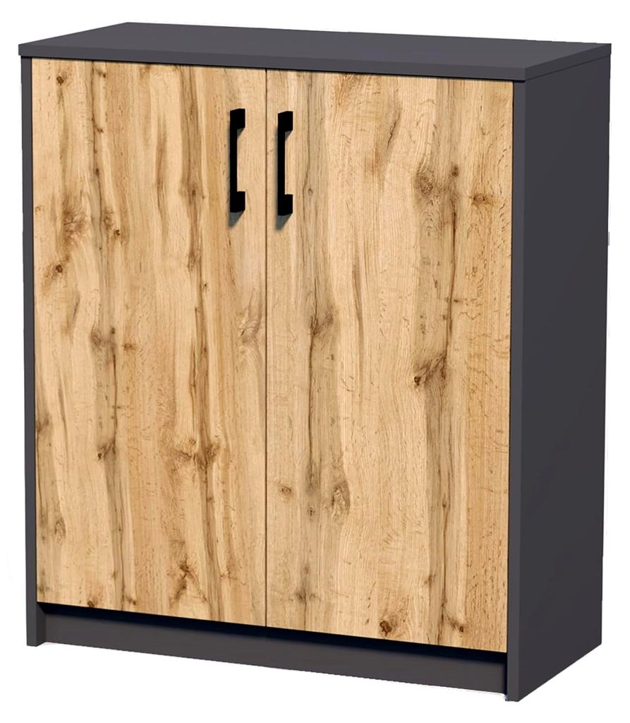 Kommode 74 cm breit in matter Ausführung mit 2 Türen und 1 Regal für Schlafzimmer, Wohnzimmer und Flur, hergestellt aus laminiertem Holz in Grap...
