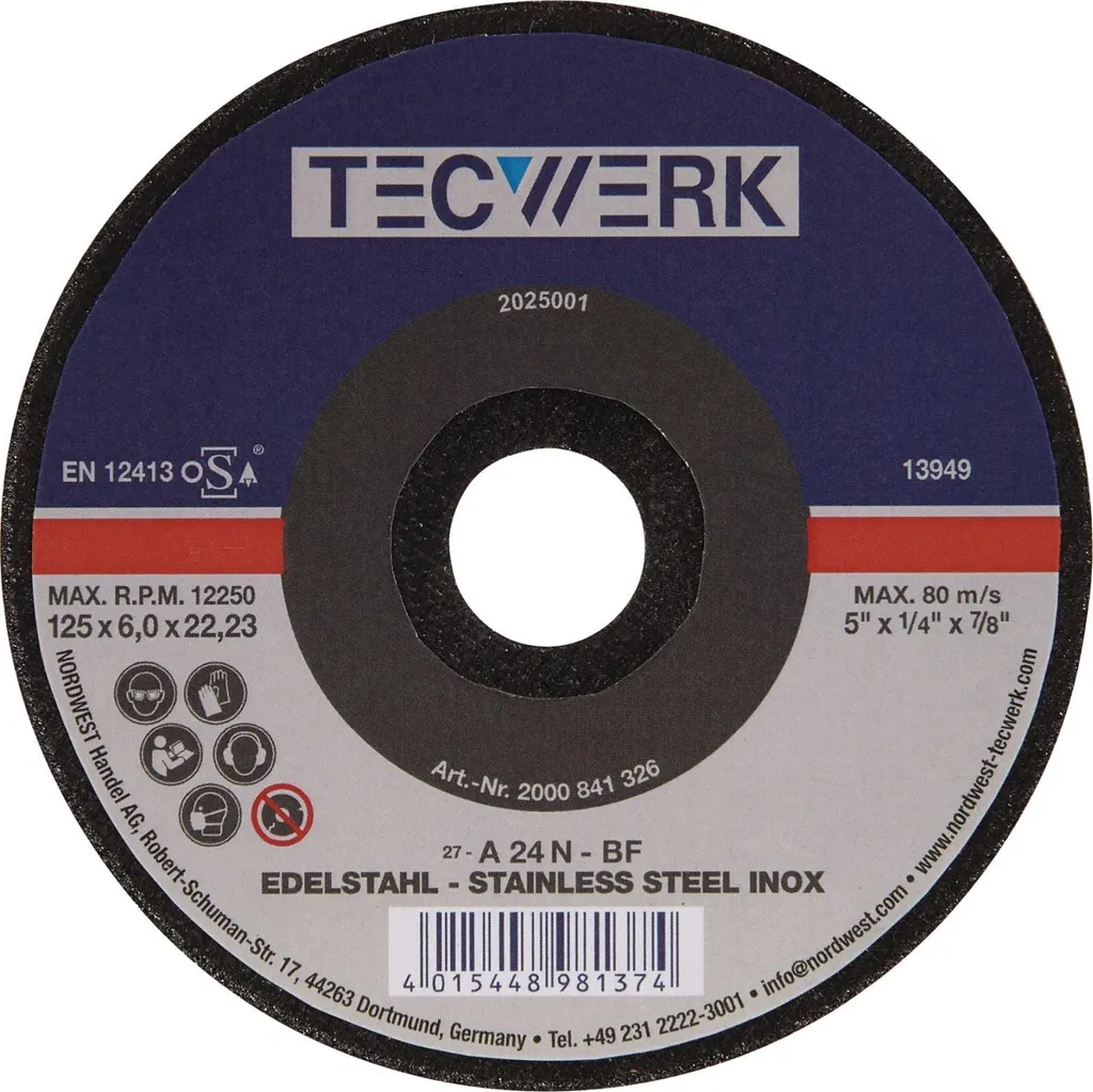 Disco di smerigliatura INOX D125xS6mm a gomito foro INOX 22,23 mm