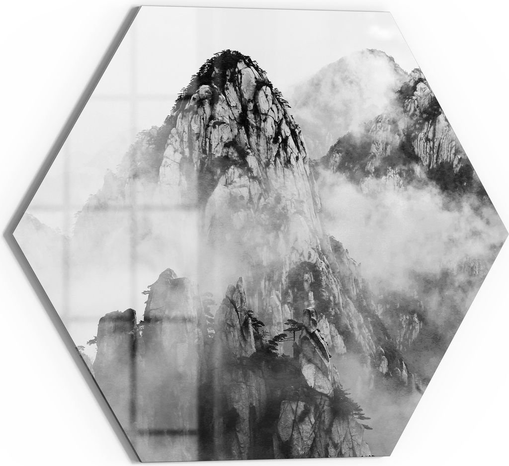 DEQORI Magnettafel Glas 40x35 cm 6-eckig 'Huangshan im Nebel' beschreibbar Whiteboard Küche