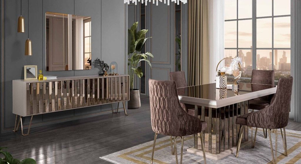 Designer Braun Esszimmer Garnitur Essgruppe Esstisch 4x Stühle 7tlg neu JVmoebel