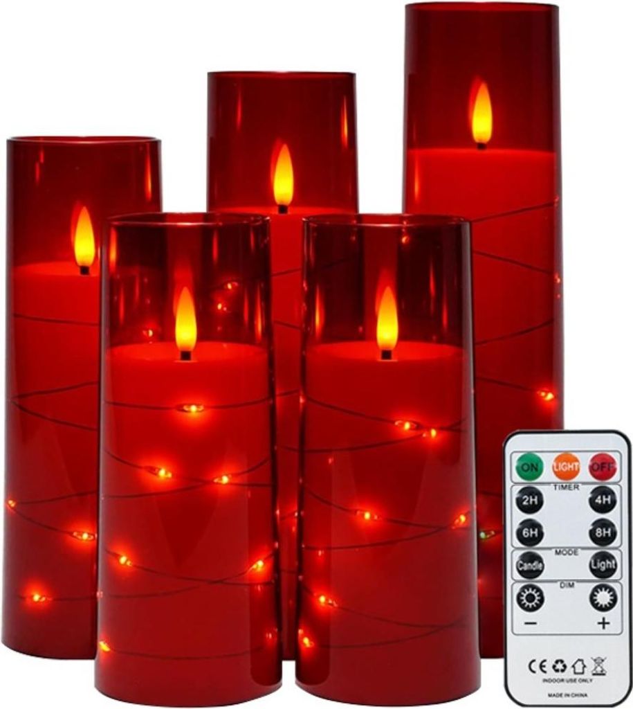 INF 5-teiliges LED-Flammenlose Kerzen Set mit Fernbedienung - Rot, Batteriebetrieben
