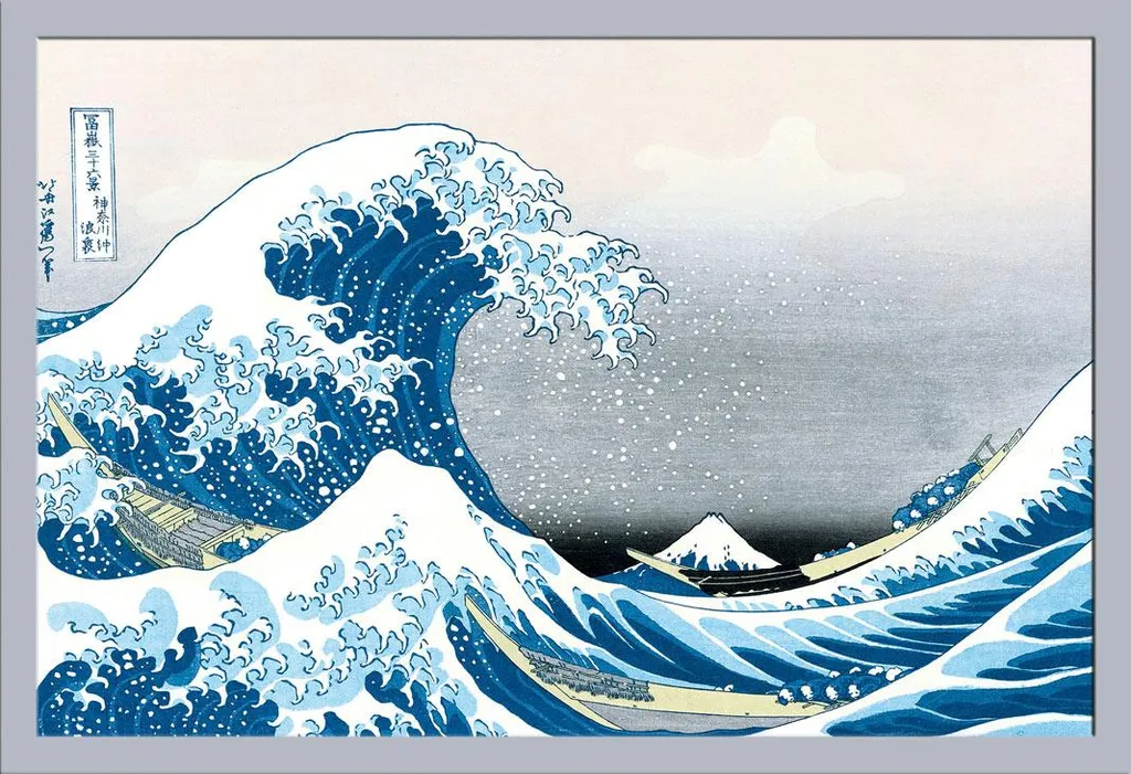 Set Poster Grande Onda + Cornice Shinsuke MDF Argento 91.5x61