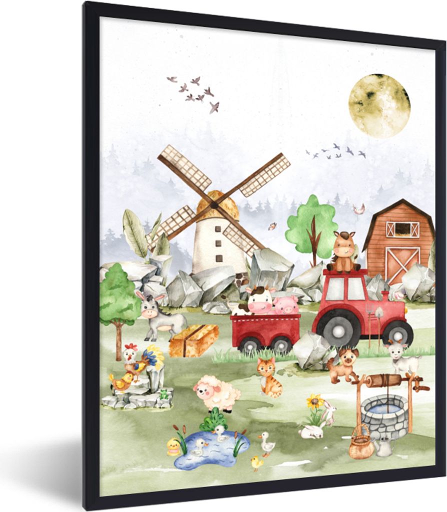 MuchoWow Gerahmtes Poster Bauernhof - Traktor - Kinder - Tiere 30x40 cm - Poster mit Schwarzem Bilderrahmen Wandposter Rahmen Foto Bilder - Wandd...