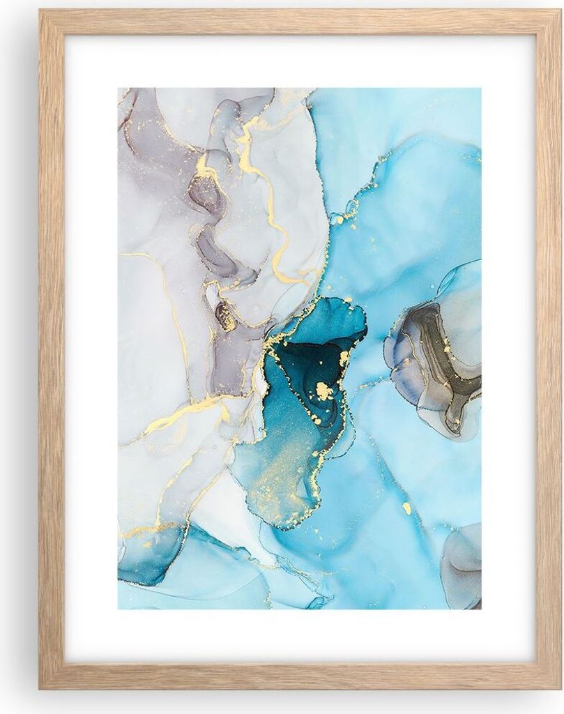 Gerahmtes Poster - Rahmen in heller Eiche - Marmor Modern Blau - 30x40 cm - Wand Bild - Wanddeko - Wandbilder - Kunstposter - Wandposter - Bilderra...
