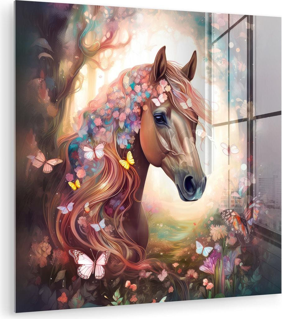 MuchoWow Glasbilder - Bilder auf Wandbild - Foto auf Glas Pferd - Natur - Blumen - Schmetterlinge - Wald 50x50 cm Wanddekoration aus Glas - Acrylgl...