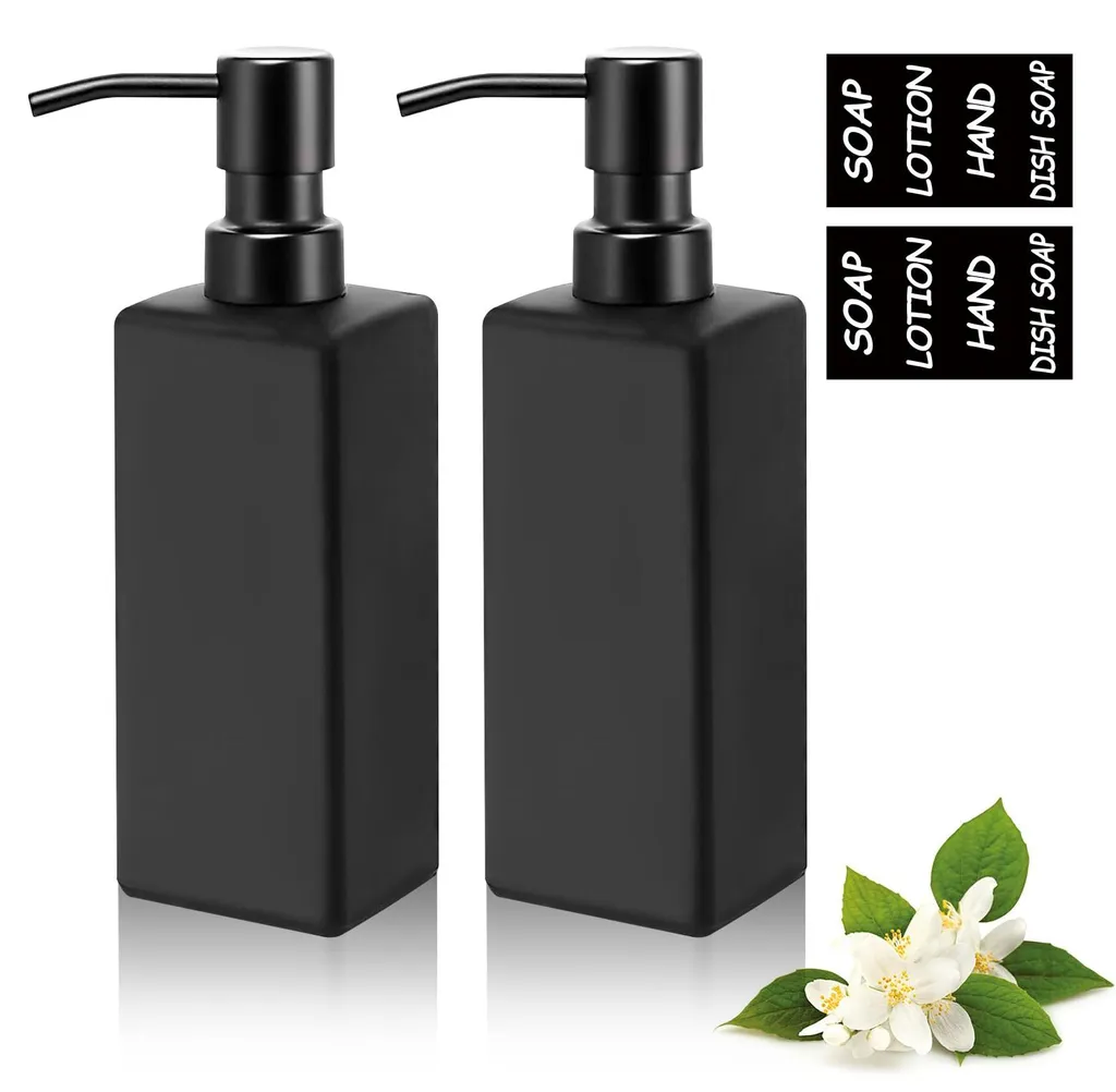 Lot de 2 Distributeurs de Savon en Verre Noir Mat 350ml Style Carré