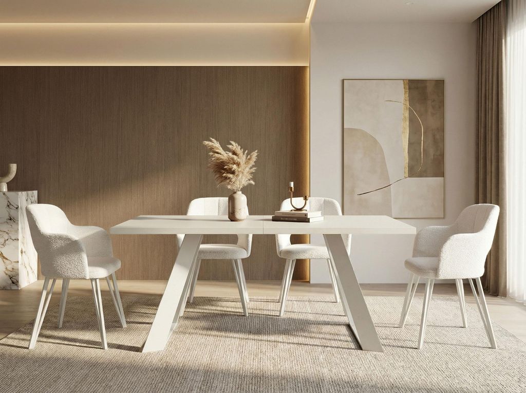 Esstisch Colter Weiß im Modern Still, Rechteckig Tisch - Ausziehbar von 160 cm bis 260 cm, Pulverbeschichtete Weiße Metallbeine - 160 x 80 cm - W...