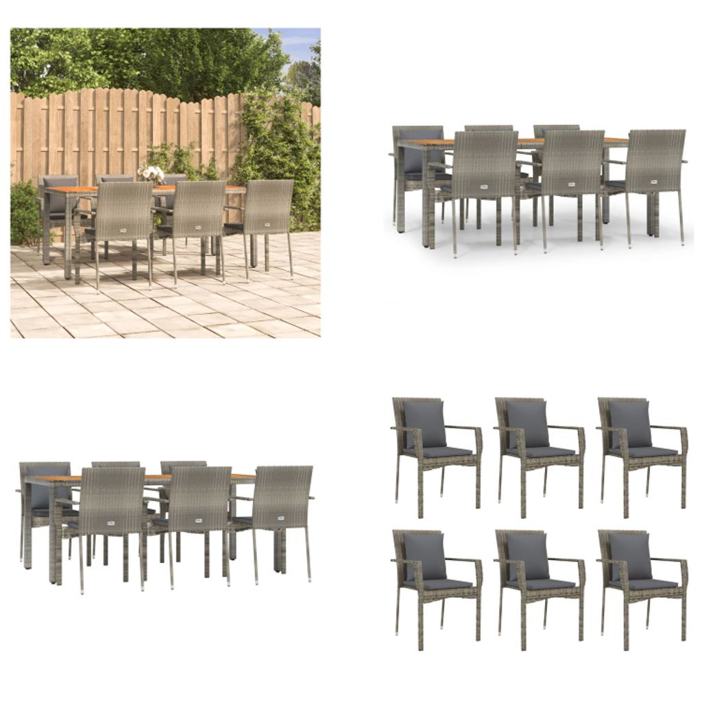 vidaXL 7 tlg. Garten Essgruppe mit Kissen Grau Poly Rattan - Garten Essgruppe - Garten Essgruppen - Essgruppe - Essgruppe Terrasse