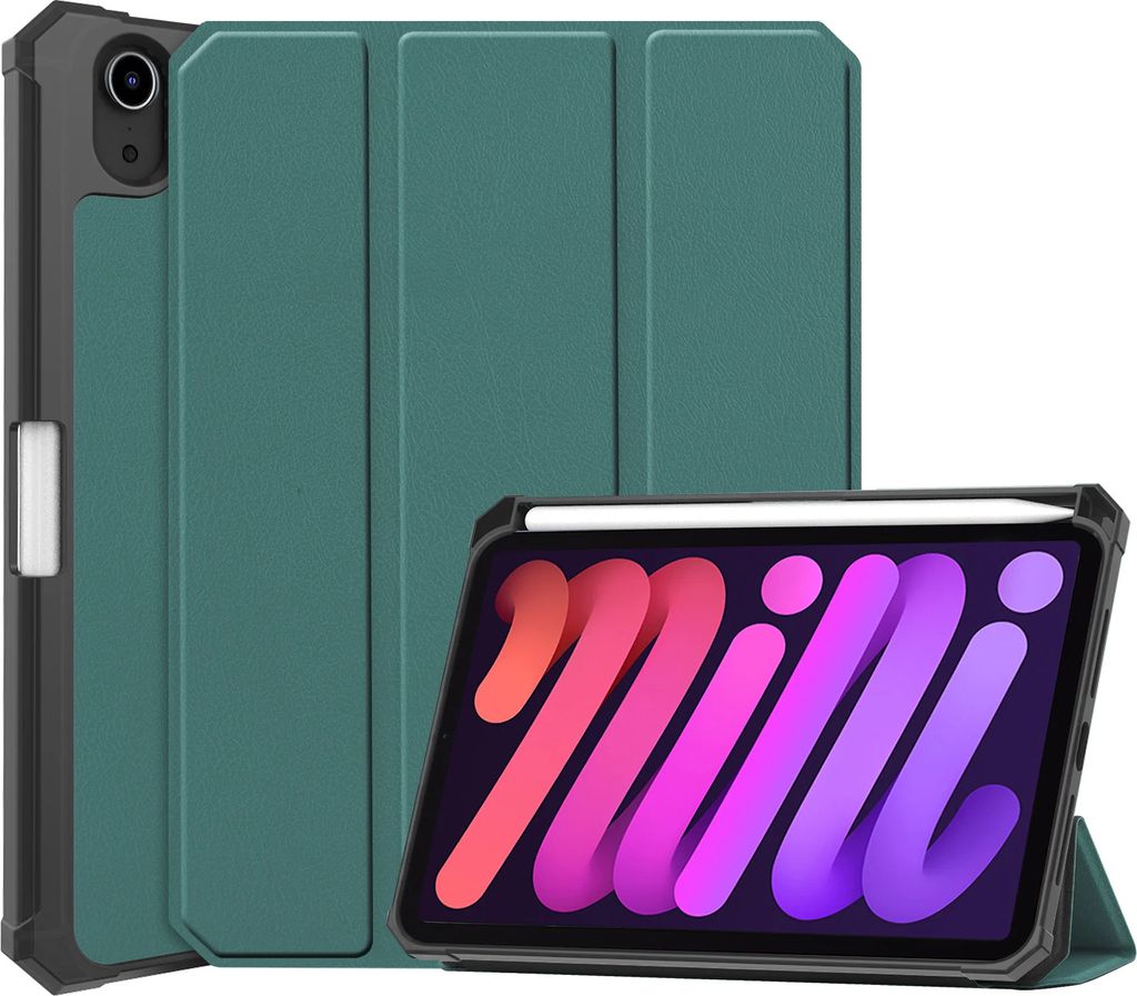 Case2go - Hülle kompatibel mit Apple iPad Mini 7 (2024) - Mit Stifthalter Faux Leather Tablet Case Schutzhülle - Dunkelgrün