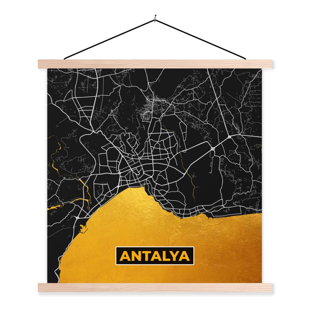 MuchoWow Textilposter Antalya - Gold - Karte - Stadtplan 60x60 cm mit holzfarbenen Rahmen - Wanddekoration